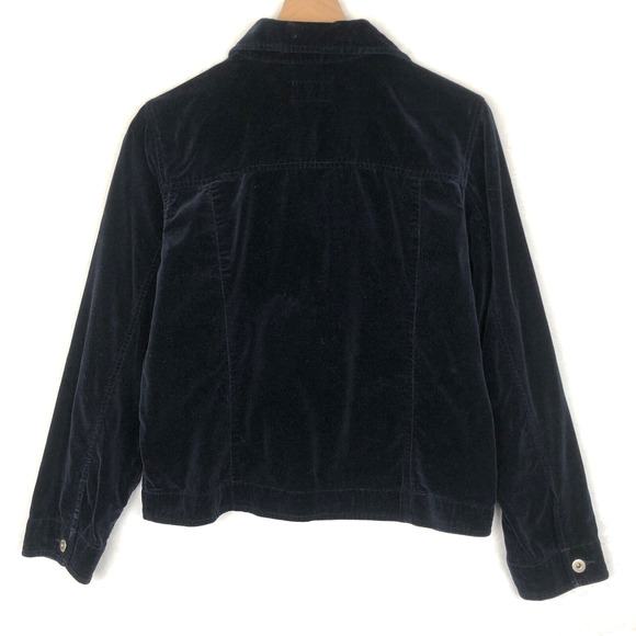 VTG 100% Cotton Velvet Trucker Jacket Women’s Sz L Navy Blue Metal Button Up - Picture 2 of 11
